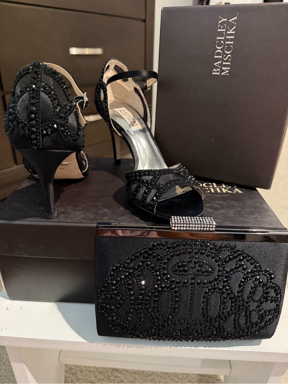 Badgley Mischka Black Beaded Strappy Evening Heels with matching Badgley clutch